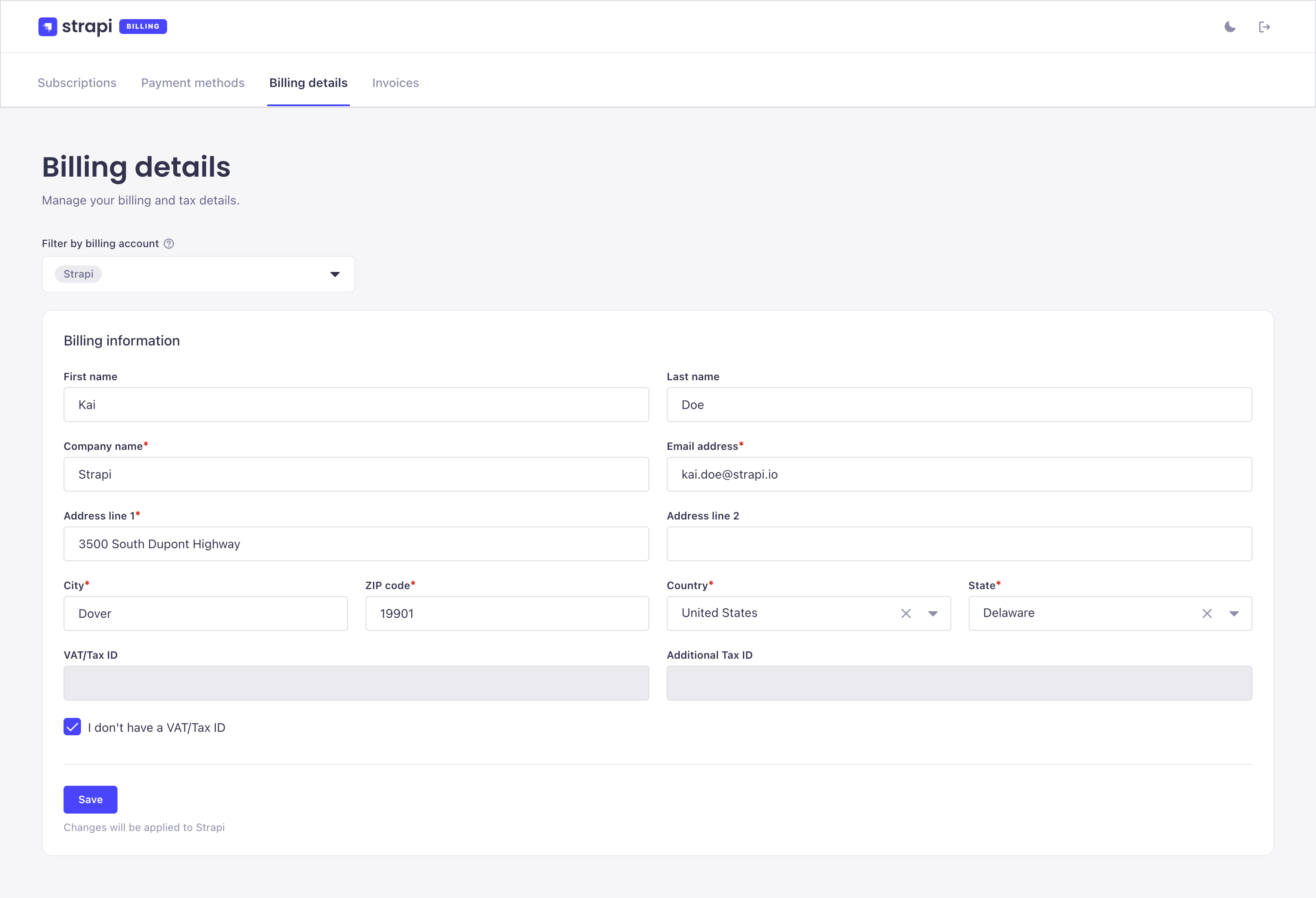 Billing portal screenshot: billing details